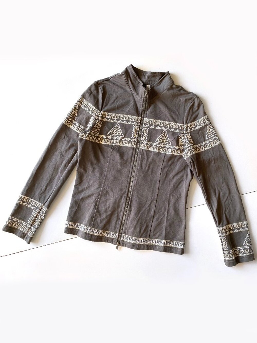 Monoreno Size M Zip Front 100% Cotton Jacket Gray Boho Embroidered Soft